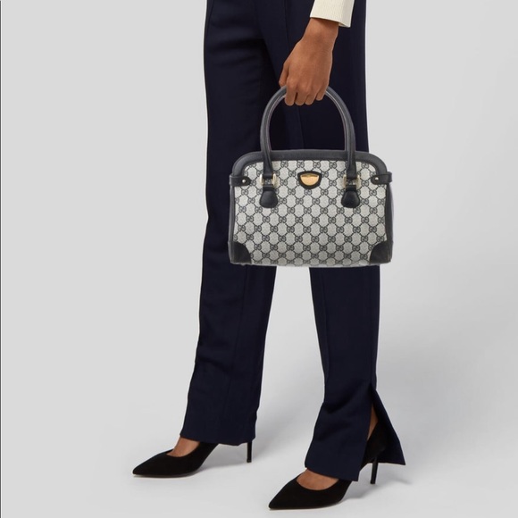 Vintage GUCCI Navy Blue Leather GG Satchel Tote - Picture 15 of 16